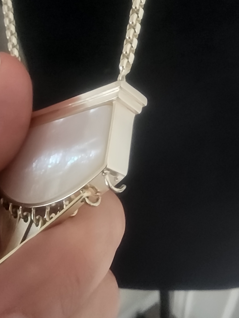 Gold Fringe Pendant Necklace with Mother-of-Pearl Inlay . One Missing Link - Picture 7 of 15